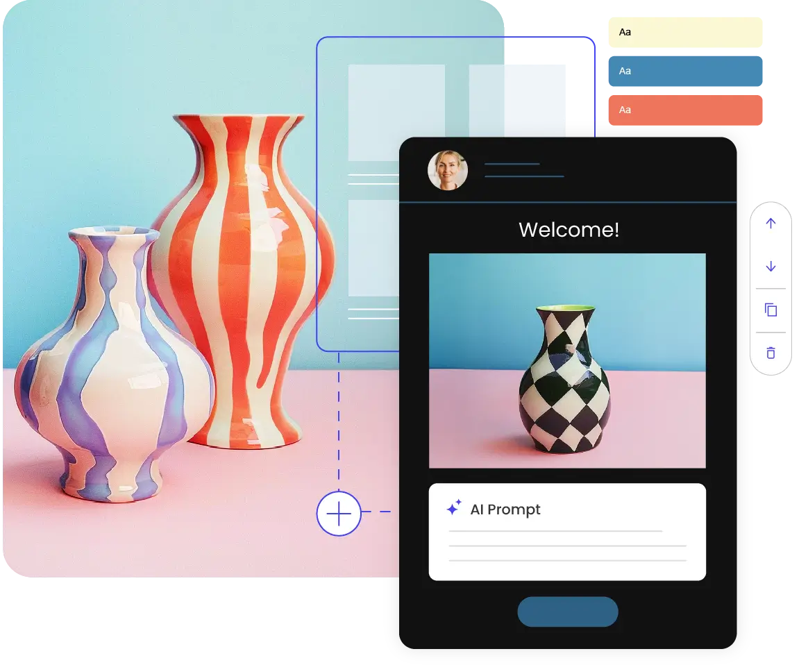 Konet no-code email builder showing an AI prompt for creating a welcome email, customizable color themes, and colorful vases in the background.