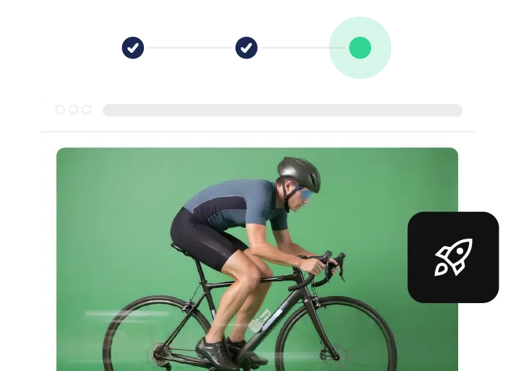 A close-up of a browser window showing a cyclist, with a rocket icon indicating high speed or performance.