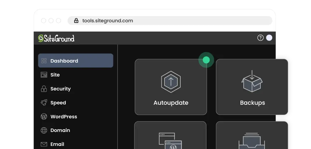 A close-up of the Konet hosting control panel Site Tools, focusing on the 'Autoupdate' and 'Backup' tool icons.