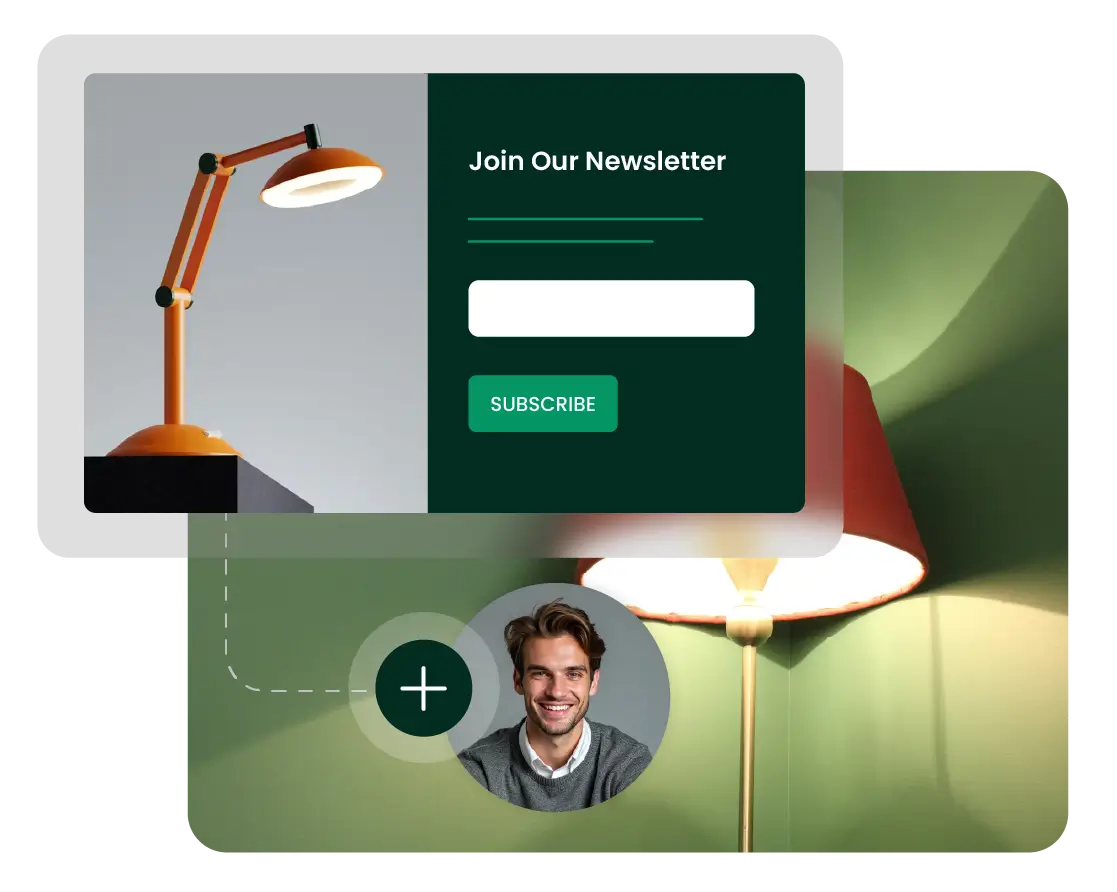 Konet email signup form with a newsletter subscribe button collecting leads and adding a new subscriber, set against a cozy lamp-lit background.