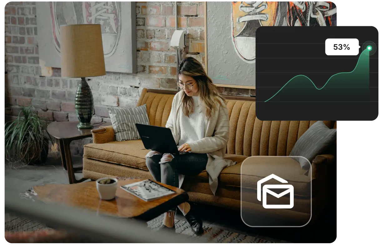 Konet email marketing platform helping a small business owner grow her business, shown working on a laptop in a cozy artsy living room with an email campaign performance growth chart showing 53% in the corner.