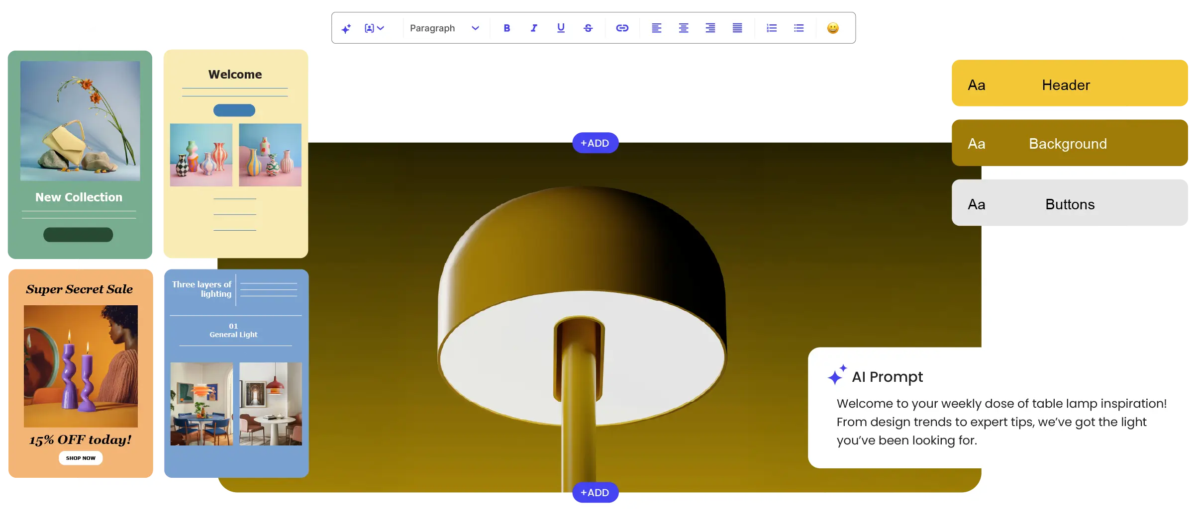Konet no-code email builder showing free email templates, customizable color themes for headers, backgrounds, and buttons, and an AI prompt generating newsletter content.