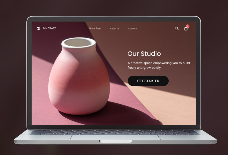 Modern laptop mockup showcasing a minimalist "My Craft" studio website with a soft pink aesthetic, highlighting the design flexibility of the Konet Website Builder.