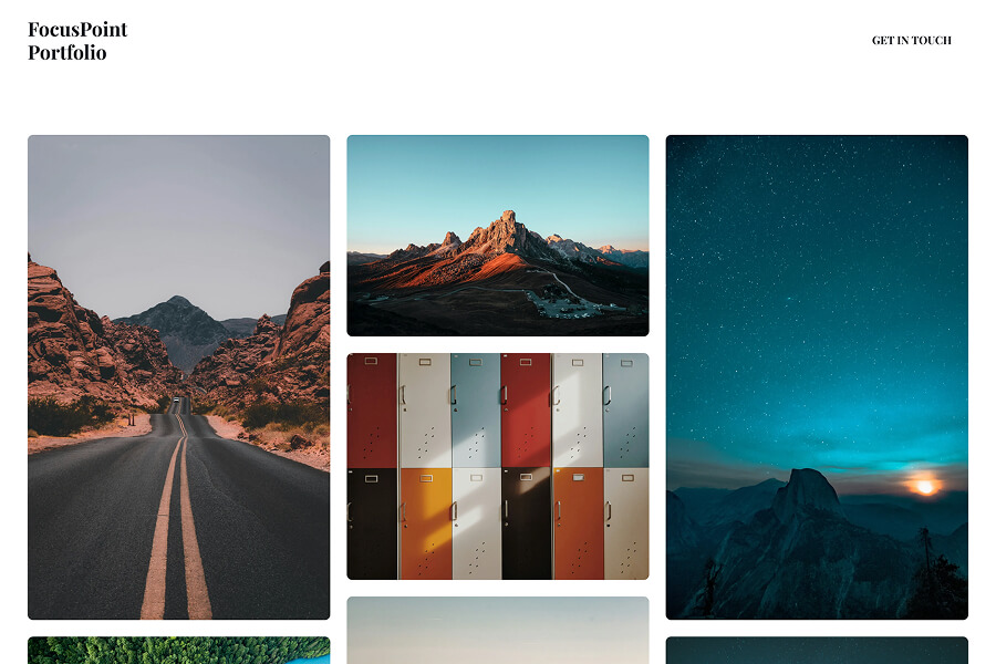 Photography portfolio website layout: Masonry grid display for "FocusPoint Portfolio" showcasing various landscape and architectural images.