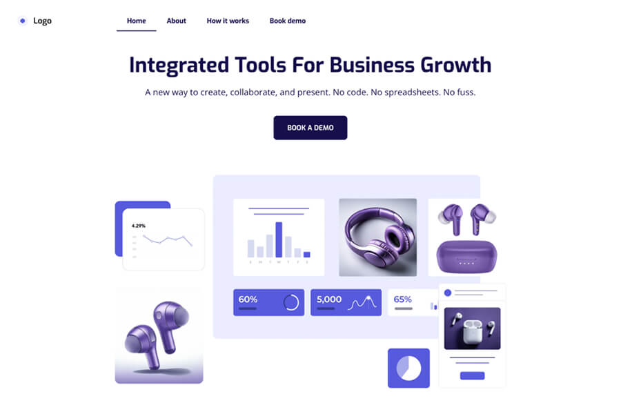 SaaS business website layout: Clean landing page featuring product illustrations, data visualizations, and a "Book a Demo" button.