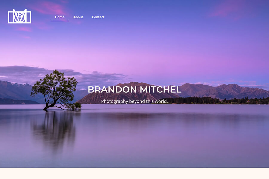 Photography portfolio website layout: Hero section featuring a serene landscape of a lone tree in a lake at twilight under the name Brandon Mitchel.