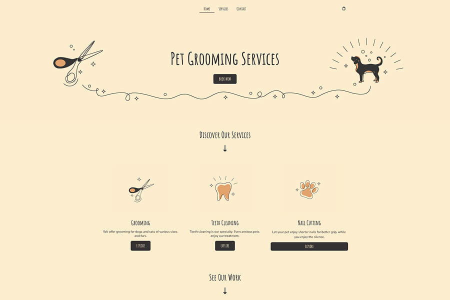 Pet grooming service website layout: Service-oriented page with a cream palette featuring whimsical icons for grooming, teeth cleaning, and nail cutting.